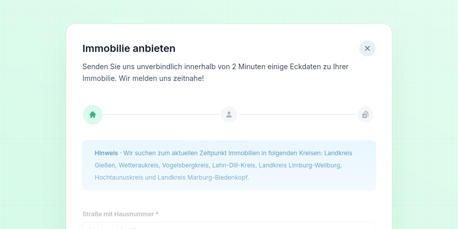 Bildschirmaufnahme der Hausdirektkauf Webseite, die das Formular zum Anbieten von Immobilien zeigt