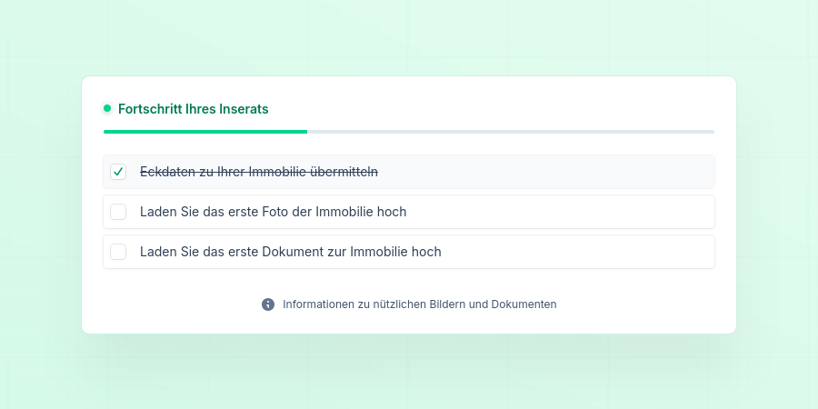 Bildschirmaufnahme aus der Hausdirektkauf-Plattform, die den Inseratsfortschritt für Immobilienbesitzer zeigt