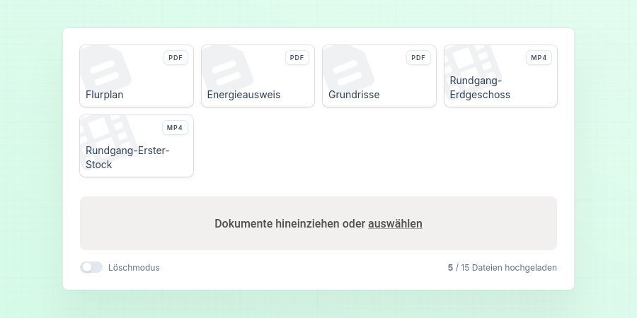 Bildschirmaufnahme aus der Hausdirektkauf-Plattform, die die verbesserte Uploadfunktion für Dokumente und Videos zeigt
